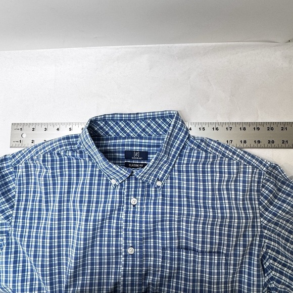 George Mens Shirt  Blue ‎ Plaid Short Sleeve Button Up Single Pocket - Picture 10 of 10